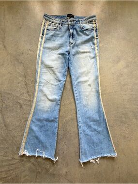 Black Orchid Chrissy Kick Flare Jeans Size 28 Gold Metallic Side Stripe Raw Hem